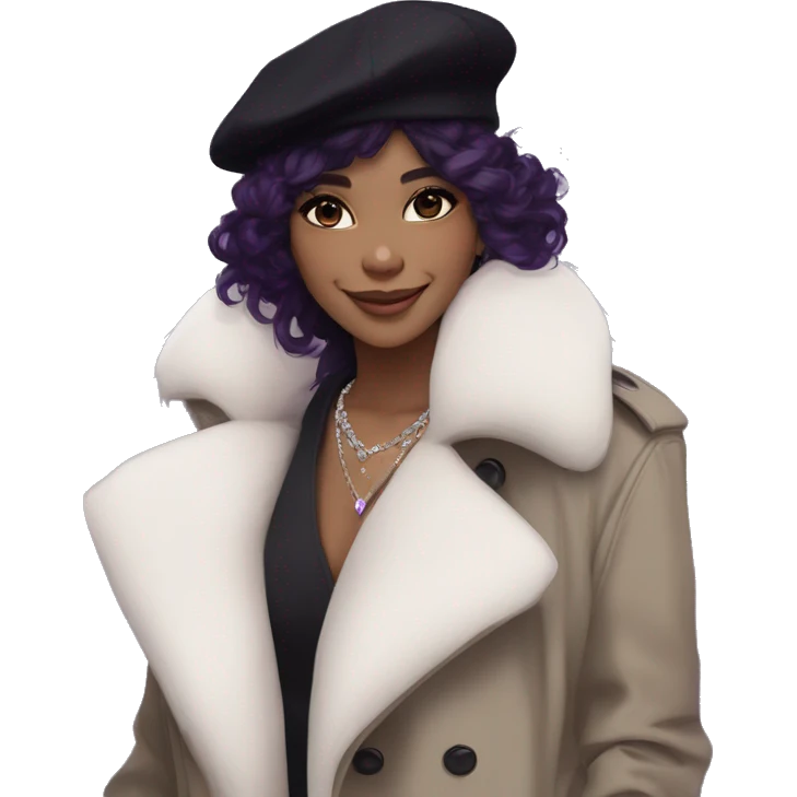 black hair, pale skintone, long messy hairstyle, beret hat, purple eyes, smile, long black trench coat with white fur around the neck, purple crystal earrings, purple crystal necklace emoji