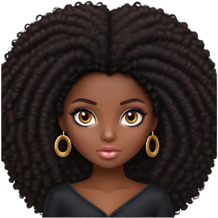 pretty bratz girl, dark black skin, dark big brown afro, dark brown eyes, black eyeliner, deep black skin emoji