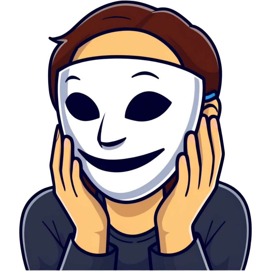 person holding a happy mask in front of their face, sad behind it emoji
