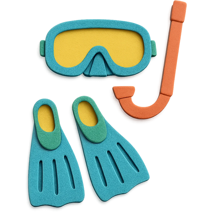 snorkel and flippers arranged as a flat lay with bright colors in paper-craft style emoji