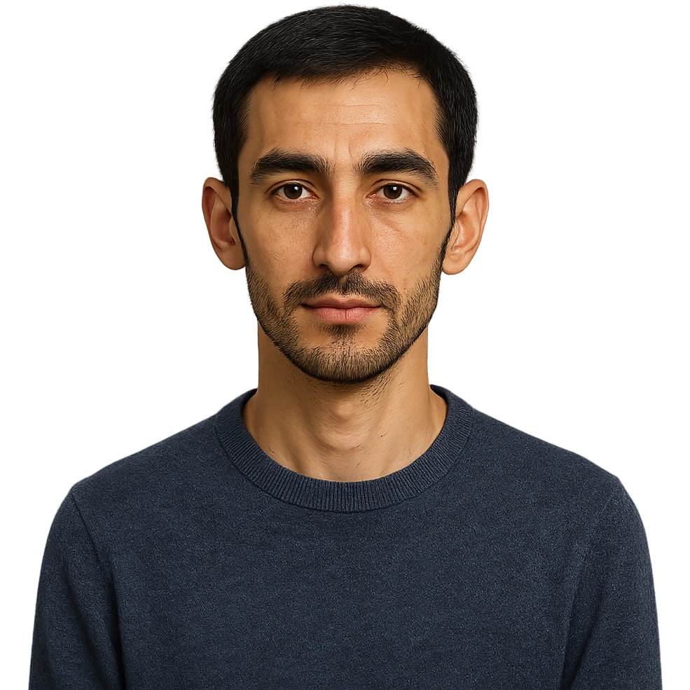 A Tajik man with a slender build, oval face, broad forehead, straight nose, expressive brown eyes, thick eyebrows, dark straight hair, and warm-toned skin, neatly kept facial hair emoji
