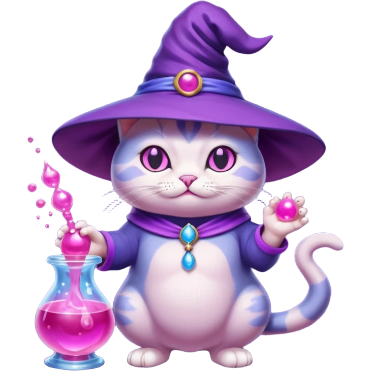Purple witch cat full body with pink potion and blue potion bubbling  emoji