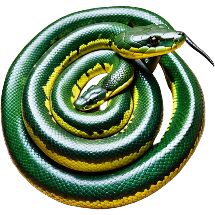 A photo-realistic top-down view of a Green Anaconda tightly coiled in a spiral, with its broad, flat head resting at the center. Its thick, muscular body is olive-green and covered in symmetrical, bold black oval spots that stand out against its smooth scales, creating striking natural camouflage. emoji