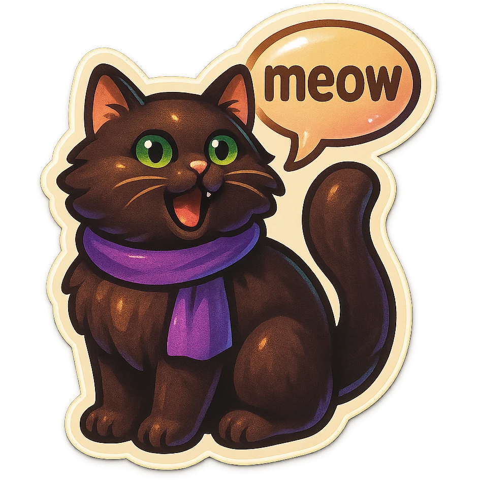 Fluffy meowing cute dark-brown cat with green eyes and a purple scarf saying ‘meow’ (with a speech bubble) emoji