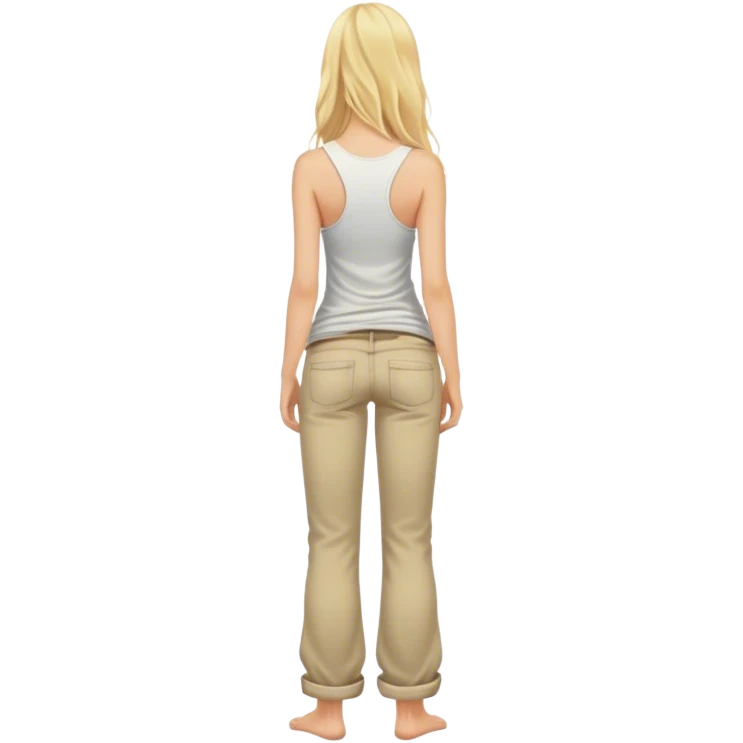 Barefoot blonde long haired girl in rolled up pants tank top right hand in back pocket from the back emoji