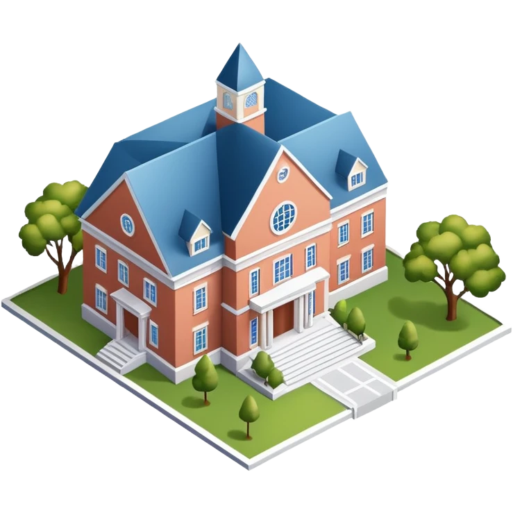 University campus fraternity, isometric dollhouse-style, realistic emoji