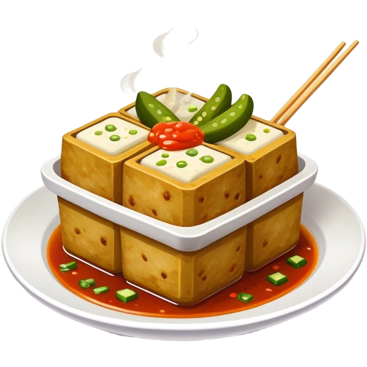 Stinky Tofu with sauce and pickles, simplified emoji style with bold outlines and bright colors, cartoon style dark fermented Chinese street food with steam emoji