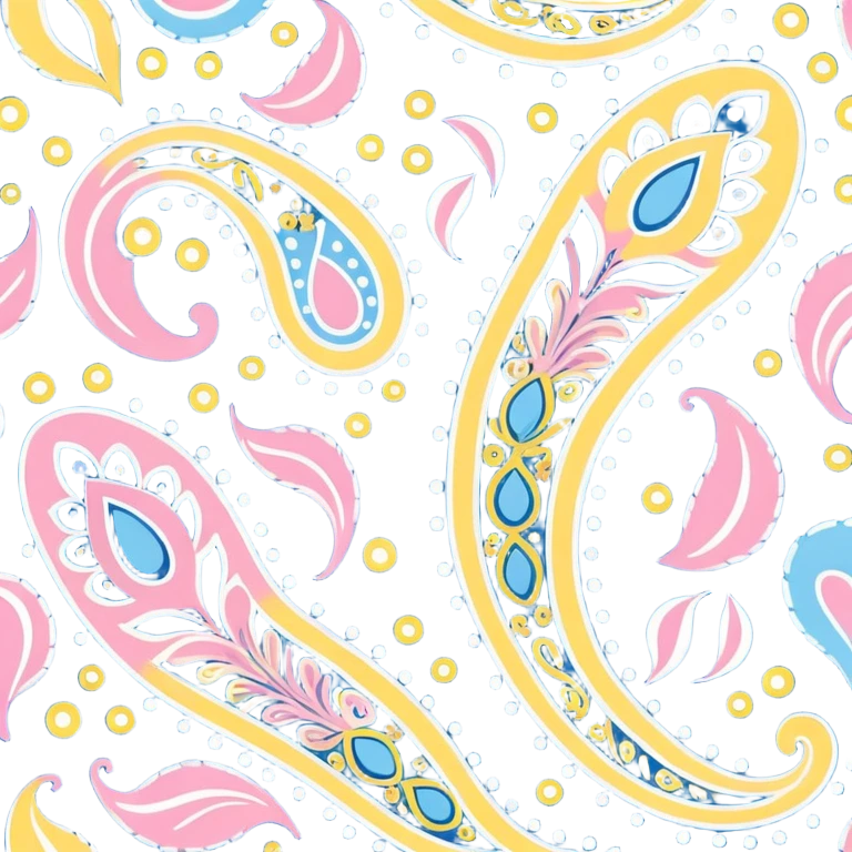 paisley motif, seamless pattern print in soft and bright blues, yellow, white and Bedazzled pink colors. Must be visually appealing, 4k hd, 3000x3000, DPI 300 emoji