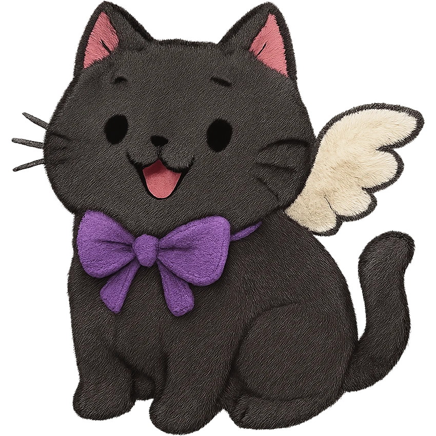 Add small angel wings to the cute chubby cat with a purple bow, black fur, and a playful expression. Keep the background transparent. The style should match the original image's look. emoji