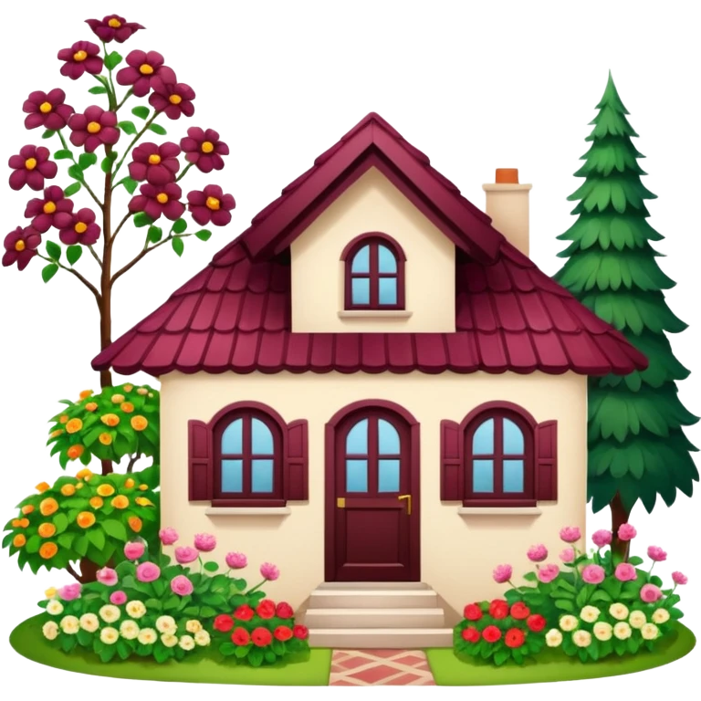 A dacha with a burgundy tiled roof and a garden emoji