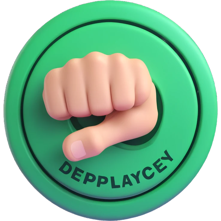 big green button with 'Deploy' text being slammed by a fist with dramatic impact lines, vibrant emoji style emoji