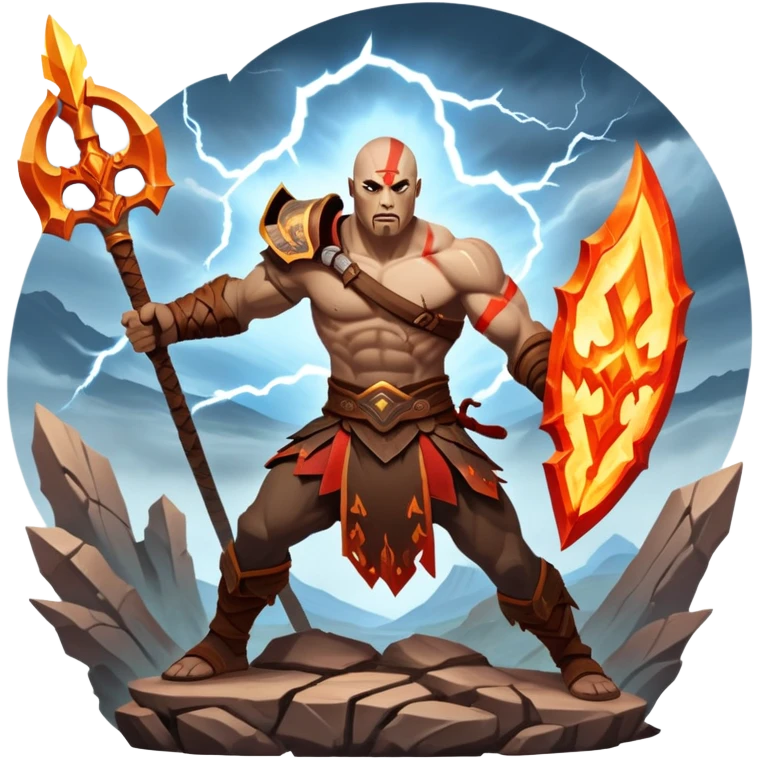 An icon showing a powerful warrior wielding a weapon, ready for battle, inspired by God of War: Ragnarok. The design features a fiery, war-torn landscape with broken statues and lightning in the sky, symbolizing epic combat. Transparent background highlights the action. emoji