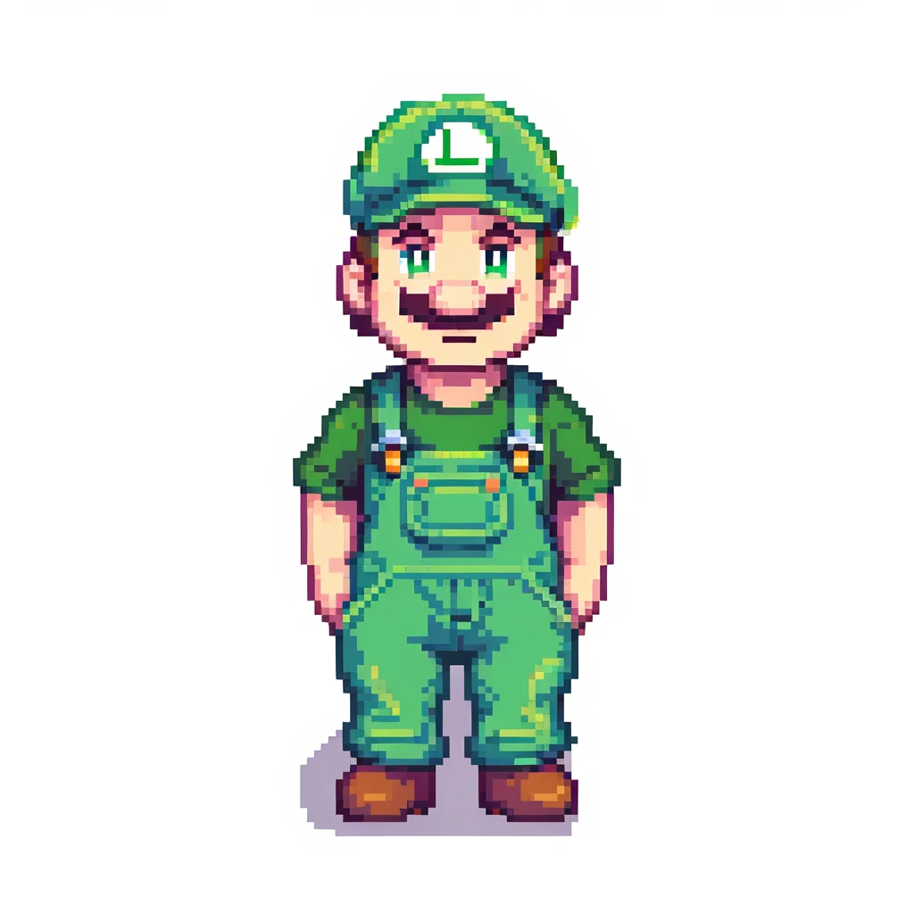 Luigi character in classic green hat and overalls, pixel art style emoji