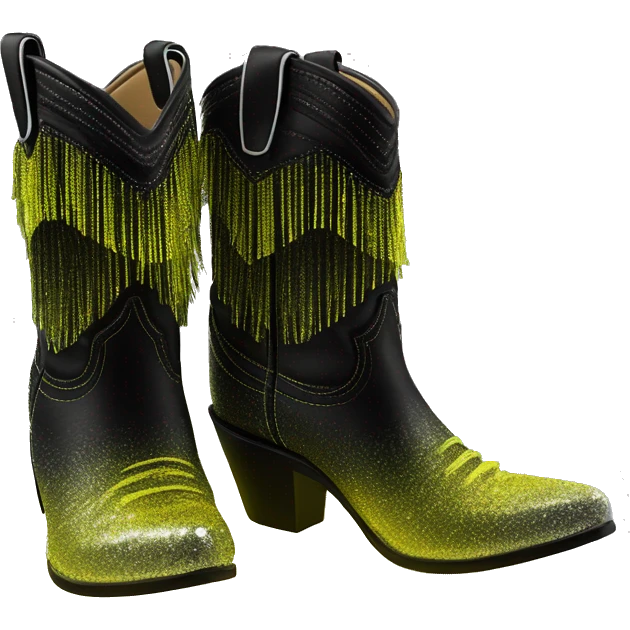 Realistic neon yellow to black ombre pair of fashion cowgirl boots with sparkly shiny glitter fringe on them. emoji