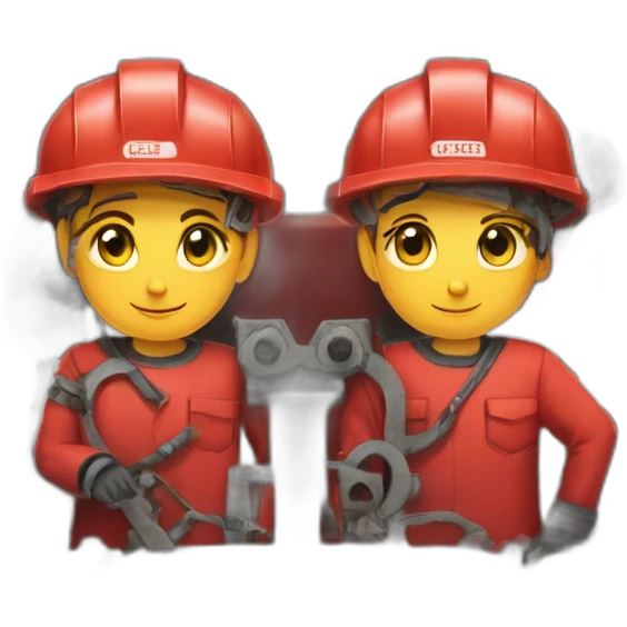a team of two people dismantling industrial machinery wearing red uniforms with an "S" drawn as a logo. emoji
