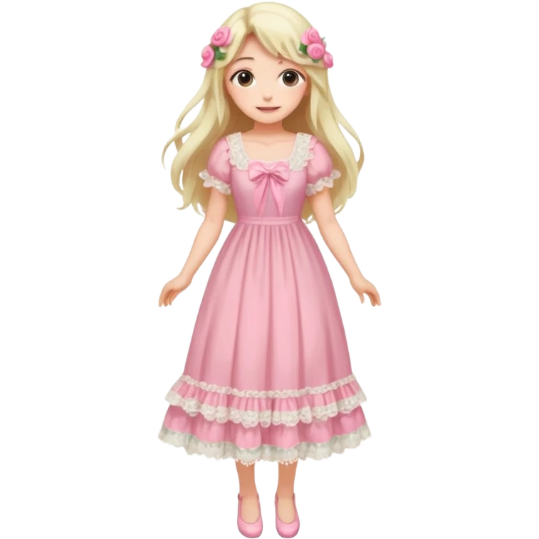 pastel anime woman with pink and white lace cottage dress full body and long hair with roses emoji