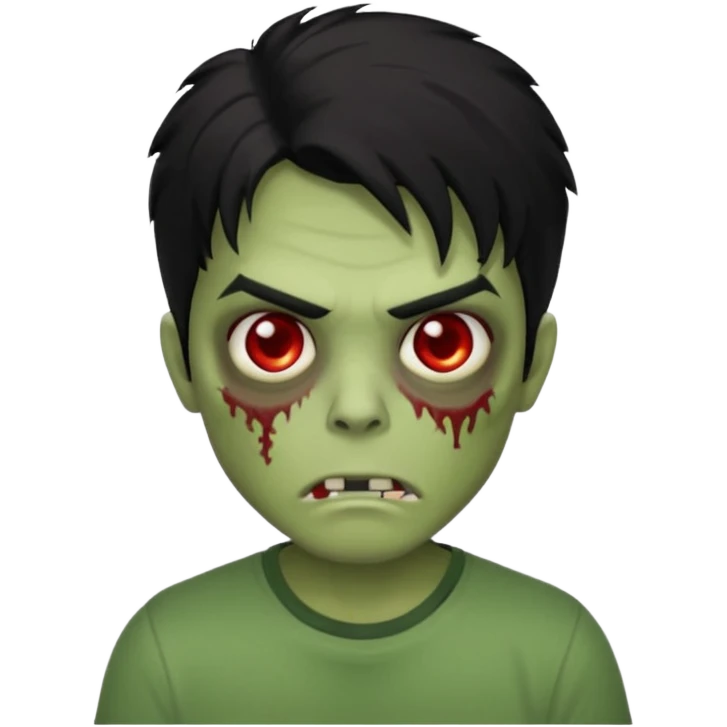 chico pelo medio largo ojos rojos y una camisa verde ,pelo negro y mas voluminoso zombie  emoji
