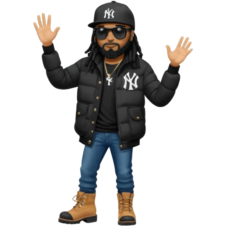 African American man with shoulder length black dreadlocks with black beard wearing black sunglasses wearing a black bubble winter coat wearing a black New York Yankees logo baseball cap wearing denim skinny jeans and timberland boots with waving someone bye emoji