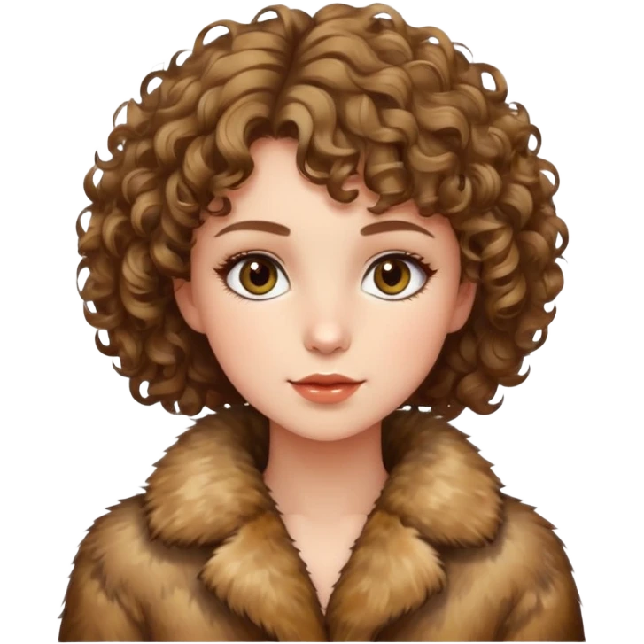 Caucasian girl with short curly hair and hazel eyes in fur-coat  emoji