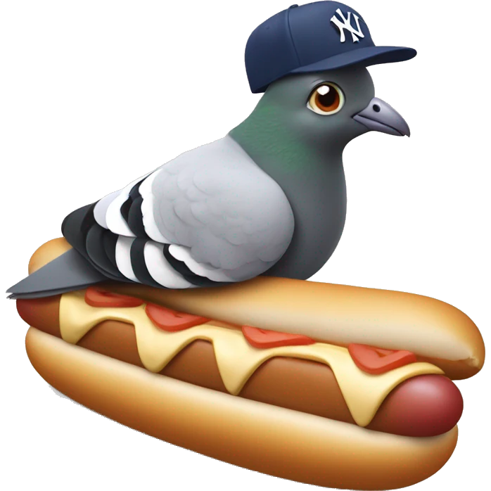 pigeon wearing New York yankee hat while lying on a hot dog emoji