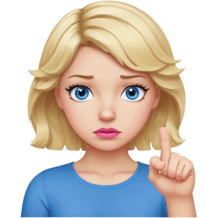 Girl Blonde short wavy hair,  blue eyes, cute blue top, long lashes, pink lips, thumbs down  emoji