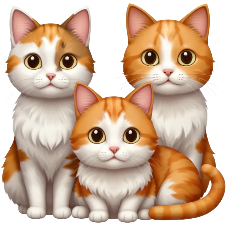 3 small cats different colours including brown tabby and white, light patchy calico, and ginger and white emoji