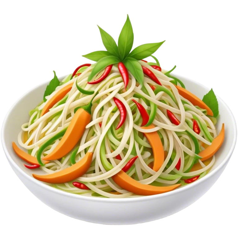 Cinematic Realistic Som Tam (Papaya Salad) Dish Emoji, featuring a spicy, tangy salad of shredded green papaya with chili and lime rendered with crisp textures and bright, lively lighting. emoji