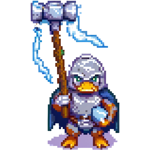 pixel art duck standing heroically, holding Thor's hammer with a lightning rod protruding from it, surrounded by lightning effects emoji