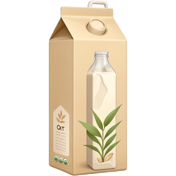 plant milk carton, beige, minimalist, upright with fold-top or screw cap, subtle oat graphic, modern eco-friendly style, no branding, soft lighting, emoji scale emoji