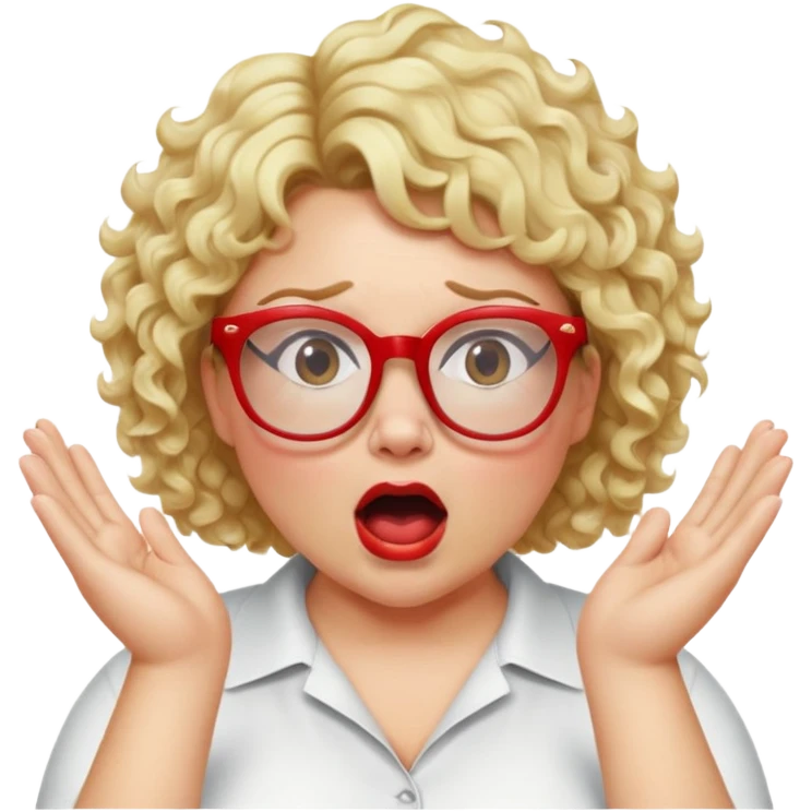 Blonde woman with short curly hair, slightly overweight, wearing glasses with red frames, shouting with hands on each side of her mouth emoji
