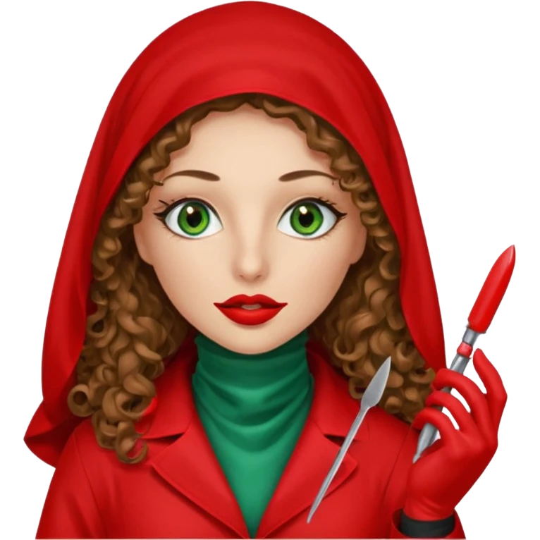 Lilith symbol sexy evil woman. She has green eyes.  had brown long curly hair.  evil surgeon kills with scalpel wears red sexy doctor coat with red mouth cover red gloves. Covers nose, neck  and mouth with Muslim red berka emoji