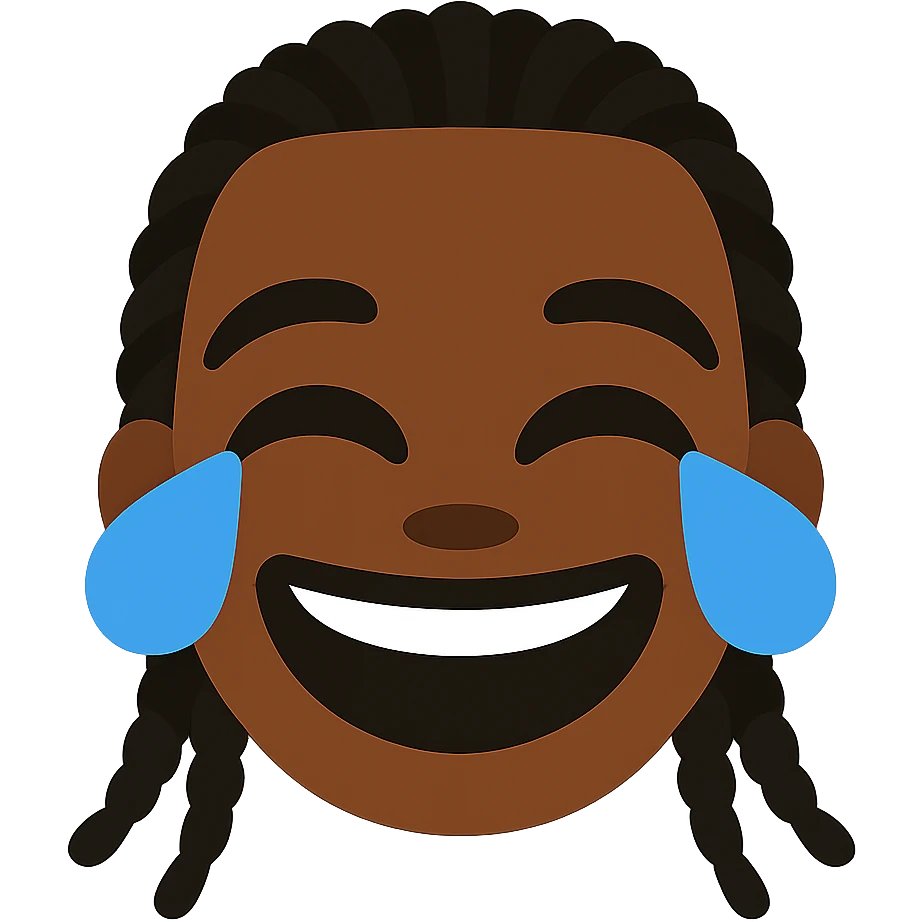 Transform this portrait into a simple and expressive emoji style with a joyful face laughing with tears of joy, black skin tone, and transparent background. The style should be joyful and clear, suitable for an emoji representation. emoji