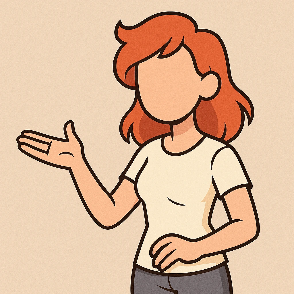faceless young woman avatar, red hair, inviting body language, contemporary flat design, soft edges, flat toon style emoji
