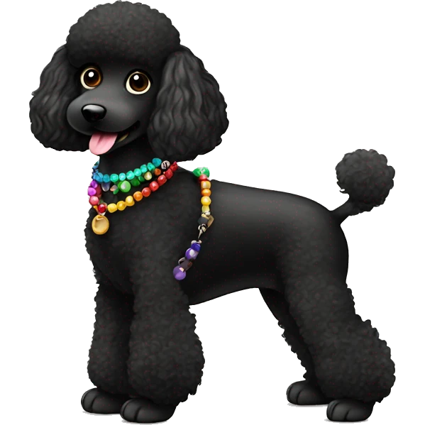 3 legs One Small furry Black Poodle with one  colorful bead necklaces with brown harness emoji