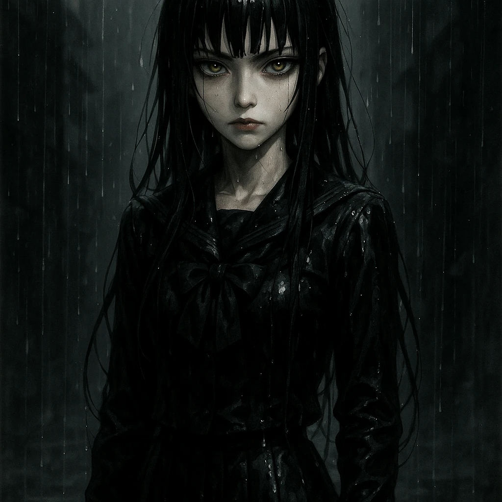 EchoMoon, silent mysterious anime girl, long black hair, sharp bangs, pale skin, amber green eyes, cold beauty, wet black school uniform, gloves, standing in rain, cinematic noir atmosphere, dramatic shadows, gothic shoujo, ultra-detailed emoji