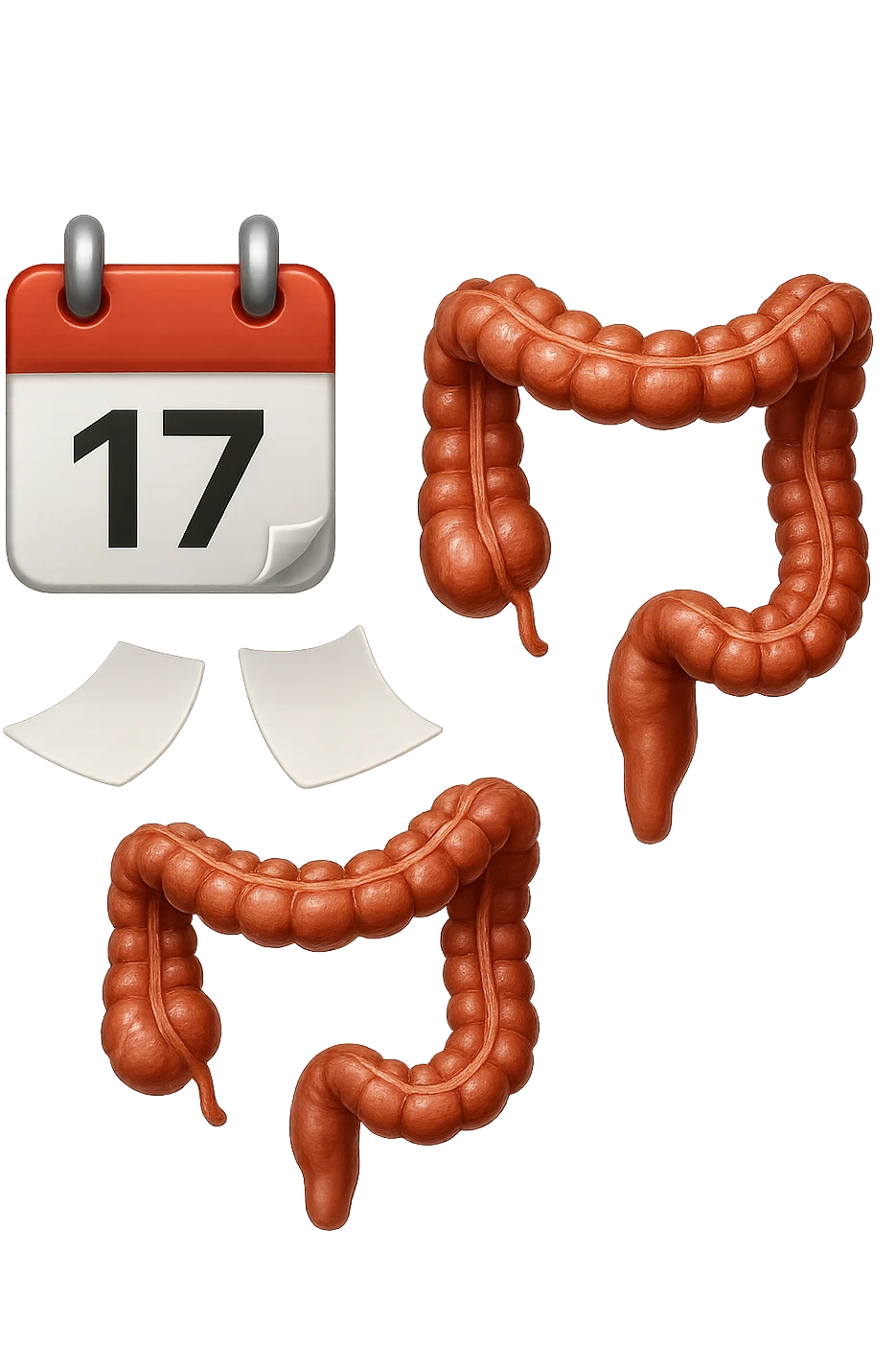 emoji stile iphone di un calendario con fogli che volano insieme a pezzi anatomici di colon umano, iperrealistico 4k, isolato su sfondo bianco emoji