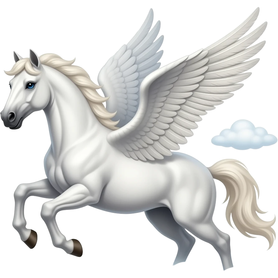 a white strong muscle  stallion flying with wings, a very short mane and blue eyes, emoji