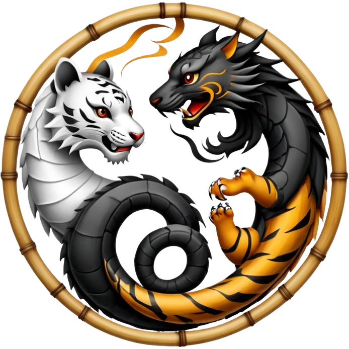 An icon symbolizing Eastern martial arts in the style of an emblem, featuring a black-and-white Yin-Yang symbol, a dragon, and a tiger. The dragon and tiger represent strength and agility, surrounding the symbol. Traditional elements like bamboo add to the design. Transparent background. emoji