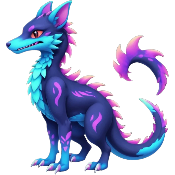 Kawaii dark edgy colorful abyssal vibrant neon glowing fantasy abyss-midnight-eline-vernid-sergal-fursona animal creature with a tufted tail full body with intricate markings  emoji
