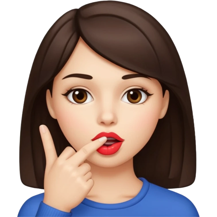 A brunette girl sucks her index finger with her mouth. emoji