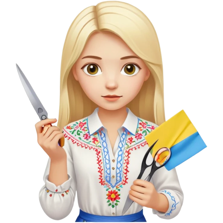 Ukrainian young girl with blonde hair in a white traditional embroidered shirt (vyshyvanka) holding scissors in one hand and colorful paper in the other hand emoji