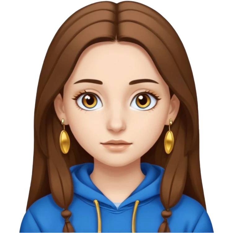 teen girl, white skin, long brown hair middle parted, brown eyes, blue hoodie eyelashes and gold earrings emoji