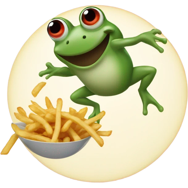 A frog jumping over the moon throwing French fries emoji