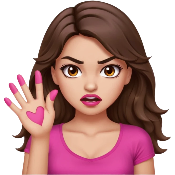 girl with long wavy brown hair, brown eyes, long lashes makeup, sexy pink lips, light to medium complexion, pink sexy top,slapping emoji