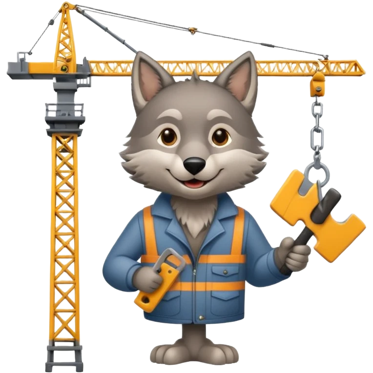  a joyful gray wolf sits on a tower crane and holds a saw in his hands emoji