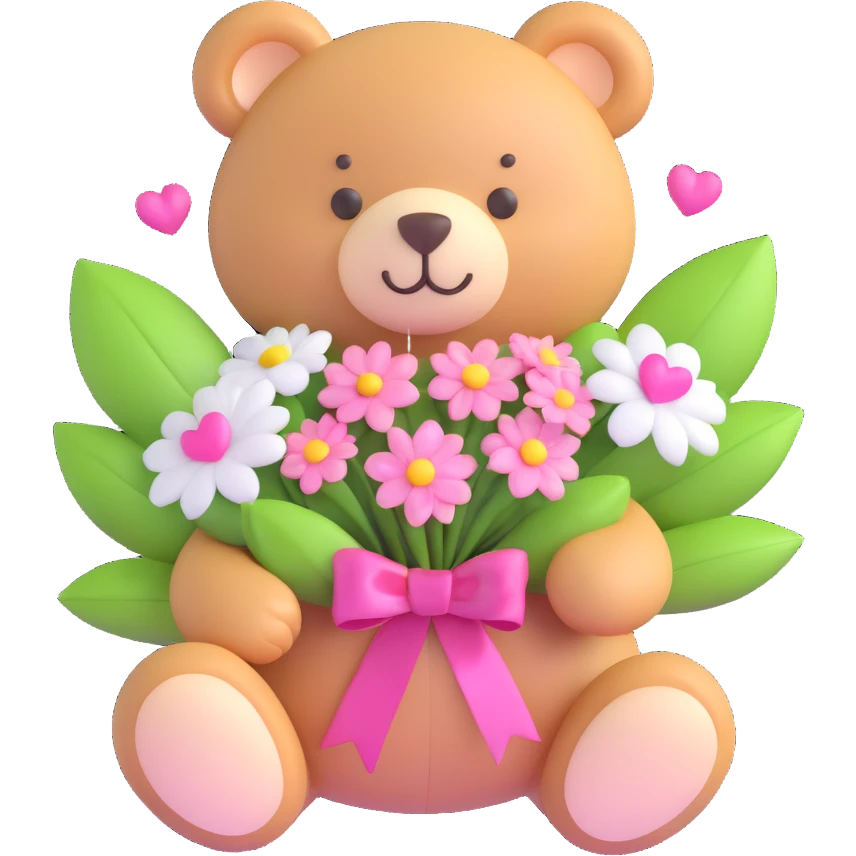 a teddy bear with a pink bow on its head, holding a bouquet of white flowers with green leaves and pink ribbon, and small pink hearts floating around emoji