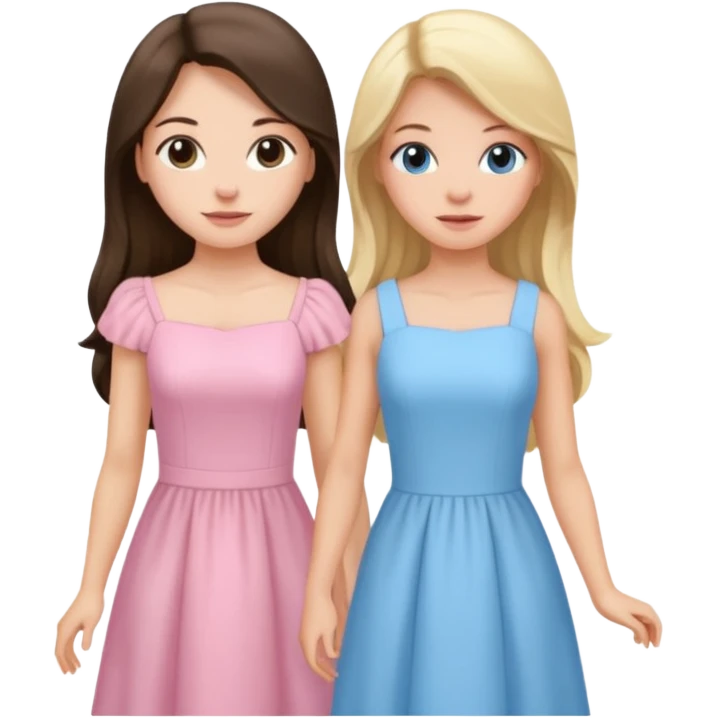 long hair brunette girl in light pink dress and blonde girl in light blue dress emoji