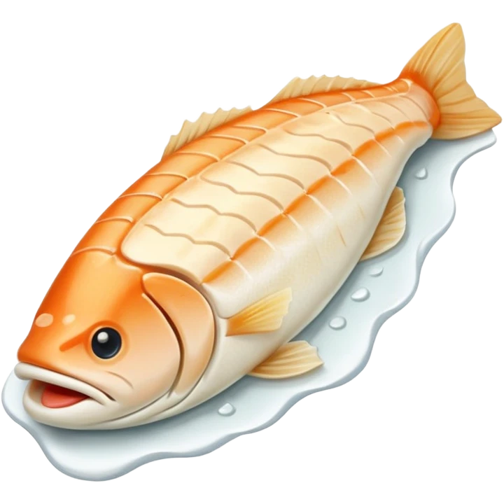 boneless cod fillet, slightly curved, white-ivory flesh, moist flaky texture, muscle grain visible, tapered end, fresh and clean, clean 3D rendering, soft light, subtle shadow, no background elements, no anthropomorphic features, transparent background, emoji scale emoji