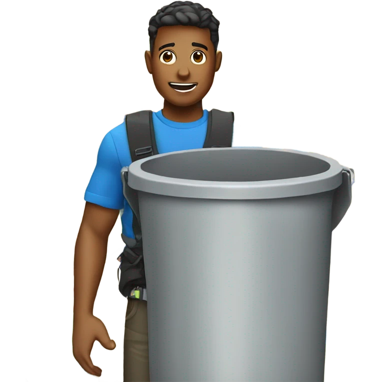 A young man with a shoulder bag is in a trash can against the background of a map. emoji