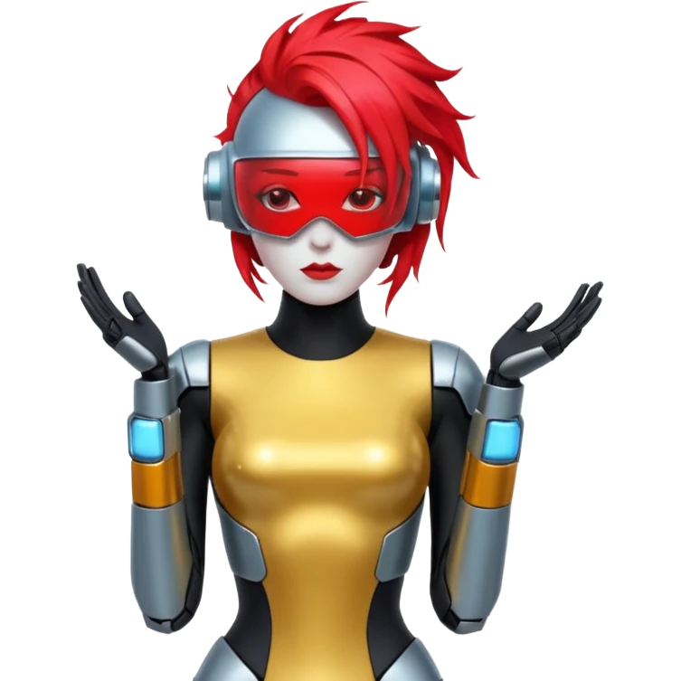Sexy reflective glass faceless dronification robot girl with a red mohawk full body pinup pose daft punk face emoji